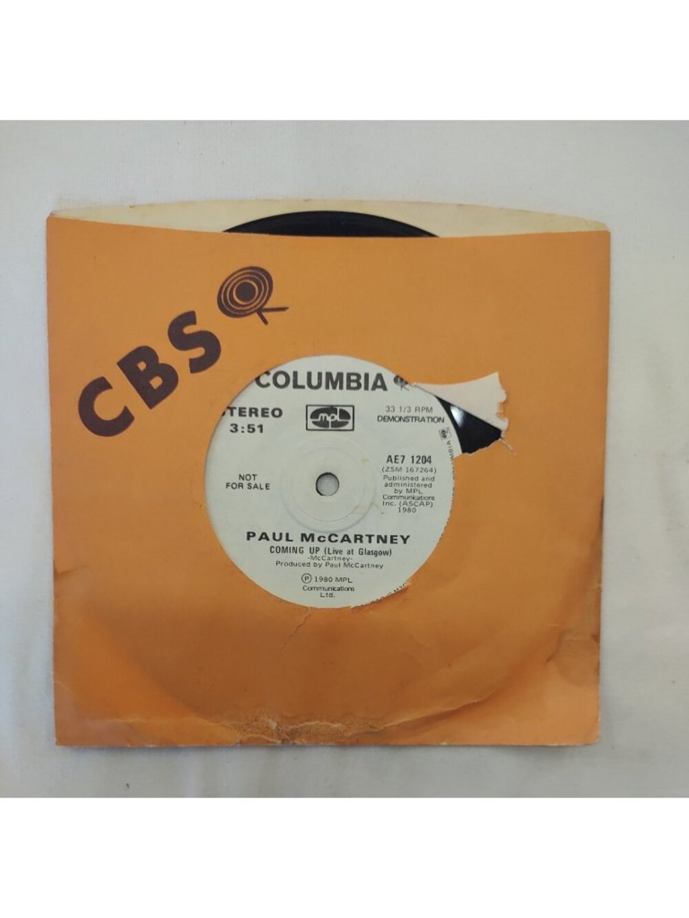 Paul McCartney Coming Up Columbia Demo Promo 45 AE7 1204 Canada 1980